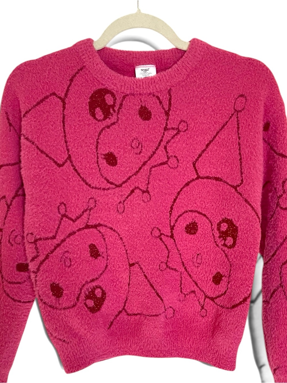 Sanrio Hello Kitty Friends Pink Fluffy Fuzzy Knit Glitter Sweater Girls XL 14 16